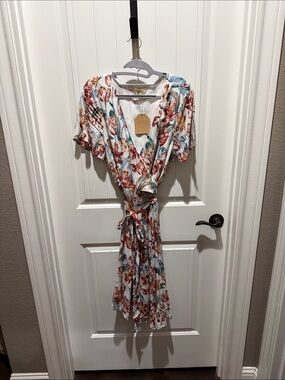 Kori White Floral V-Neck Tie-Waist Midi Dress